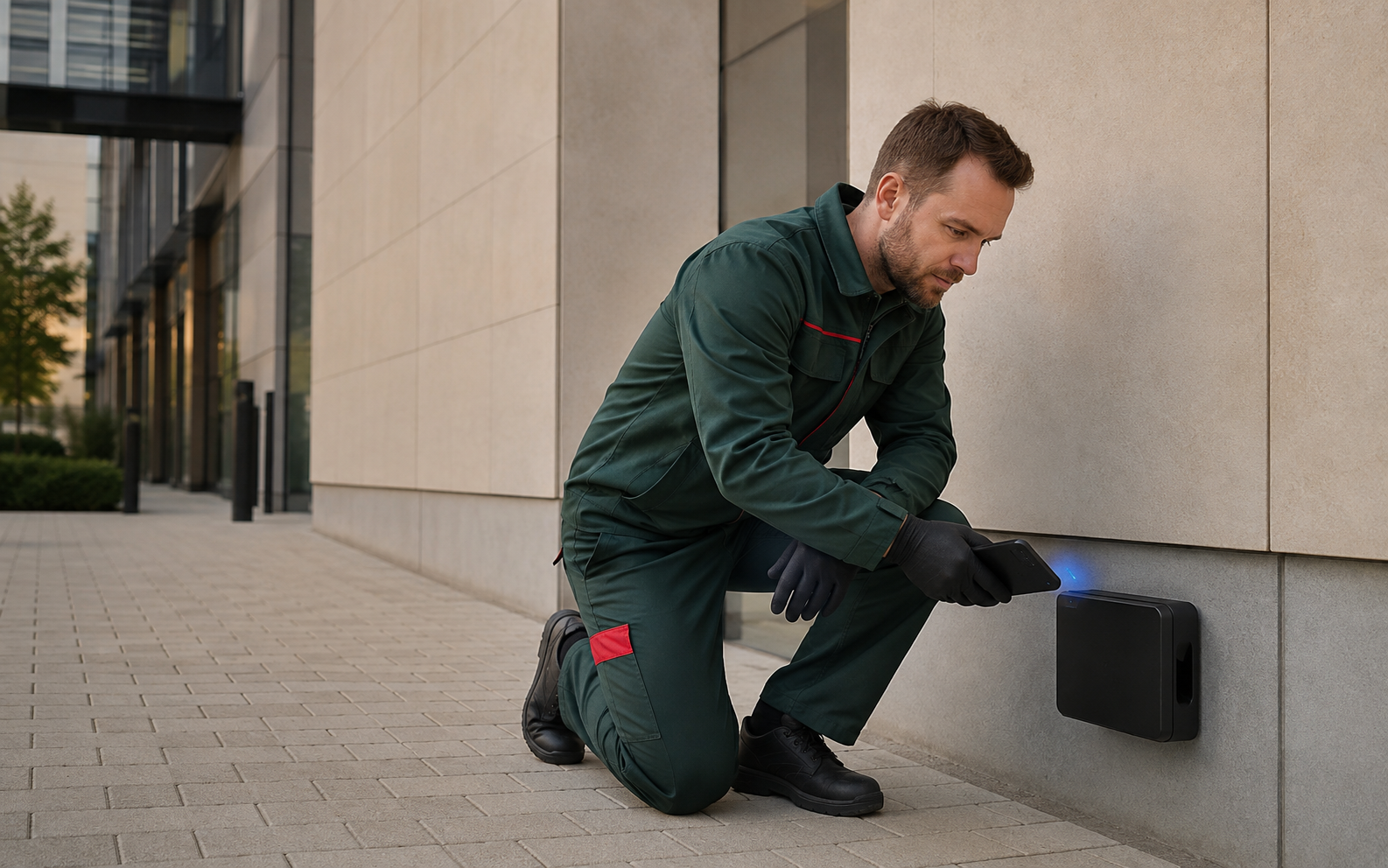 Pest-control technician using a phone to check a monitoring point